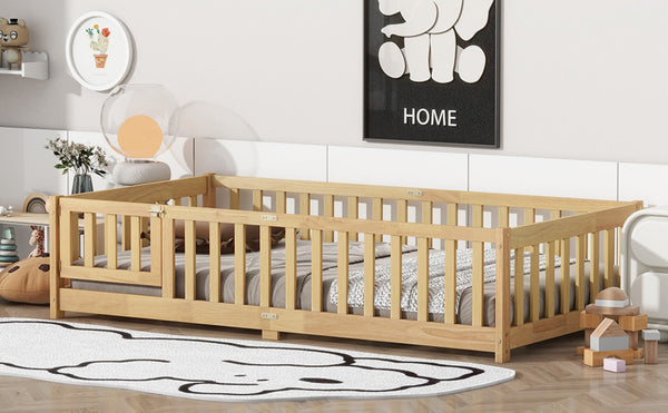 English Elm Twin Low Profile Rubberwood Floor Bed with Full Safety Fence for Toddler Rooms Natural W504P429273