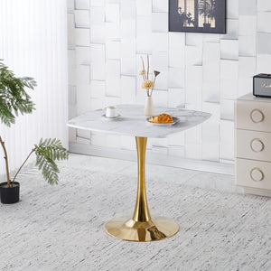 English Elm 31.5"SquareTulip Modern Mid-Century Bistro Table for 2-4 | White MDF Top & Gold Pedestal, Compact Chic W3766P370529
