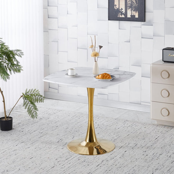 English Elm 31.5"SquareTulip Modern Mid-Century Bistro Table for 2-4 | White MDF Top & Gold Pedestal, Compact Chic W3766P370529
