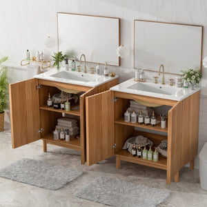 English Elm Modern 48 Inch Freestanding Bathroom Vanity Dual Ceramic Sinks Soft Close Gold Handles N729P000012O