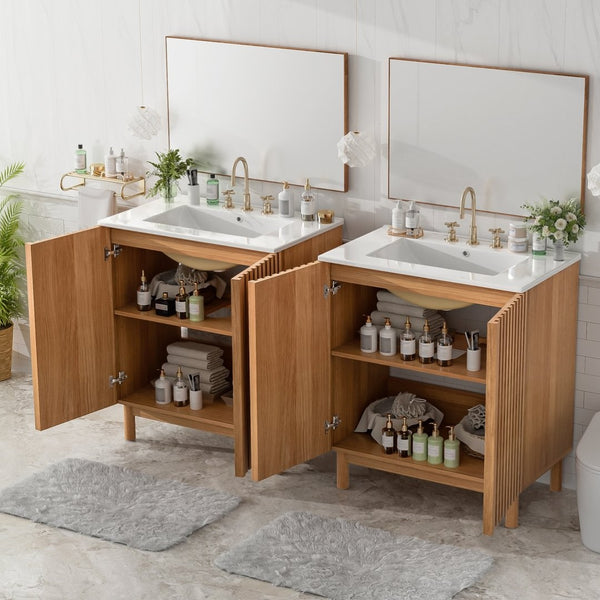 English Elm Modern 48 Inch Freestanding Bathroom Vanity Dual Ceramic Sinks Soft Close Gold Handles N729P000012O