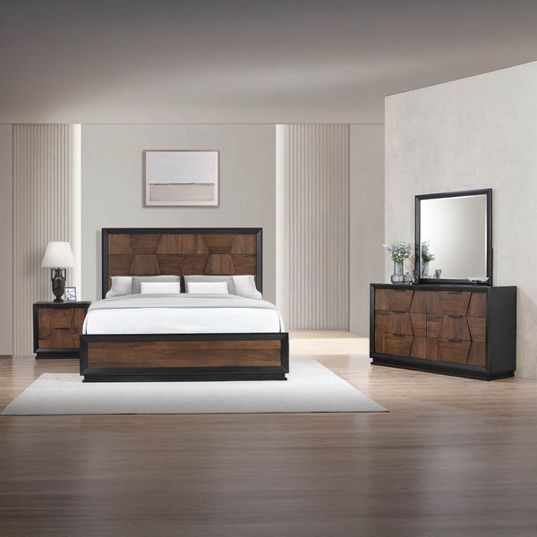 English Elm Houston Queen Panel Bed Set with Walnut Finish Dresser Mirror and Nightstand B009S01696