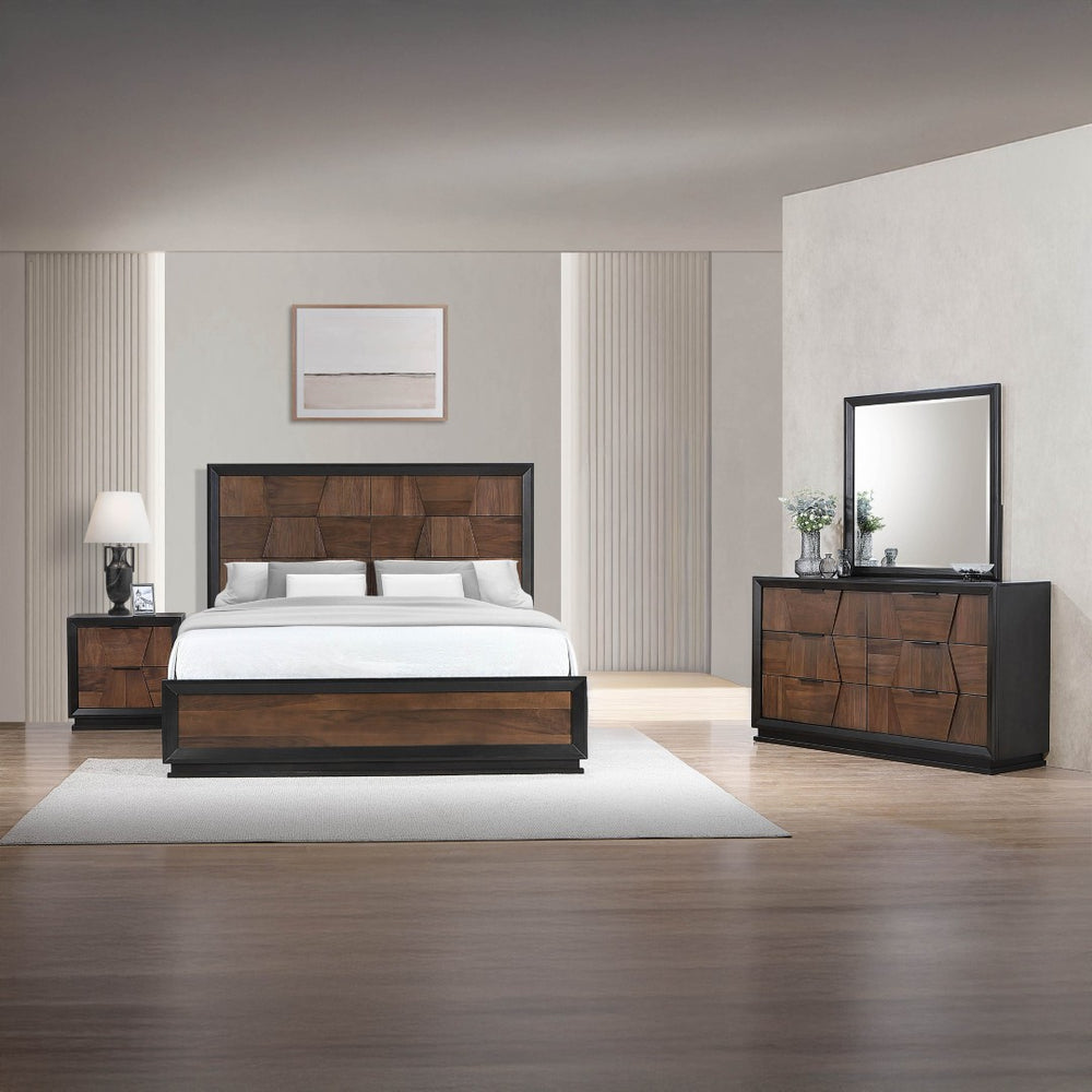 English Elm Houston King Panel Bedroom Set Walnut Wood Geometric Headboard Brushed Nickel Hardware B009S01698