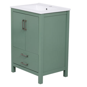 English Elm 24'' Green Bathroom Vanity with Ceramic Sink Combo — Modern Freestanding MDF & Solid Wood Storage, Soft-Close Doors, Silver Handles N710P228364F