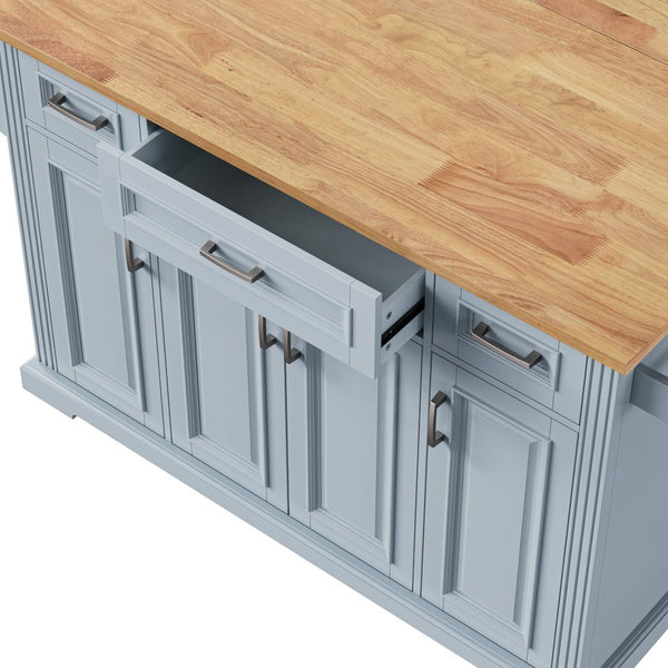 English Elm K&k Farmhouse Rolling Kitchen Island Rubberwood Drop Leaf 3 Drawers 4 Cabinet Doors Grey+Blue N707S195395G