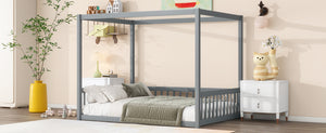 English Elm Full Size Canopy Floor Bed With Guardrails - Sturdy Rubberwood Frame In Soft Grey Finish W504P345754
