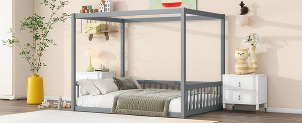 English Elm Full Size Canopy Floor Bed With Guardrails - Sturdy Rubberwood Frame In Soft Grey Finish W504P345754