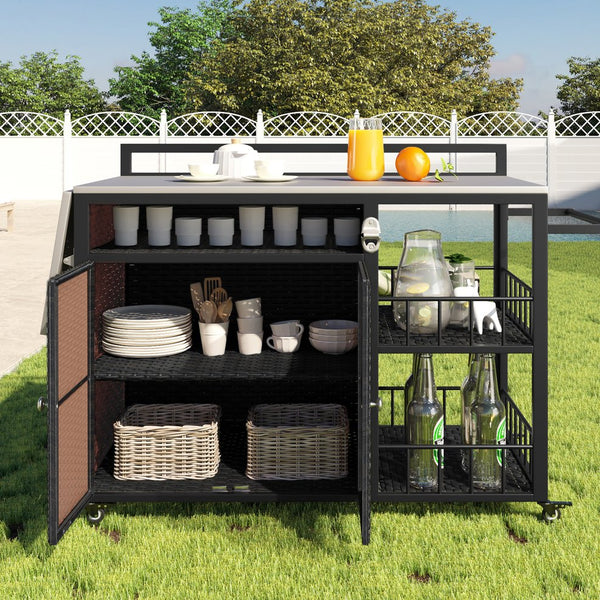 English Elm 63.5" Outdoor Kitchen Island with Foldable Stainless Steel Top, Lockable Wheels, Rattan Storage, Bottle Opener N719P243726D