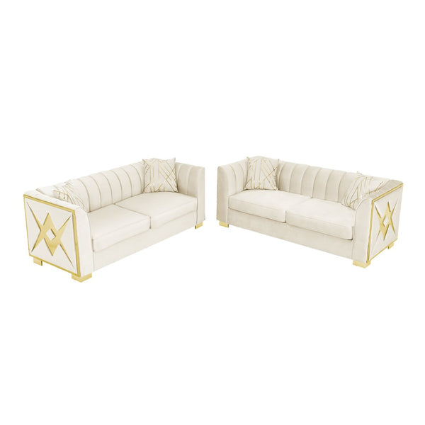 English Elm 81" Tufted Velvet Chesterfield Sofa with Gold Steel Legs for Elegant Living Rooms Beige W1191S00071