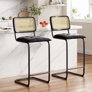 English Elm Counter Upholstered PU Leather Bar Stools Set of 2 with Rattan Back, 30" Cantilever Counter Stools Black, Anti-Slip Protectors T3623P353498