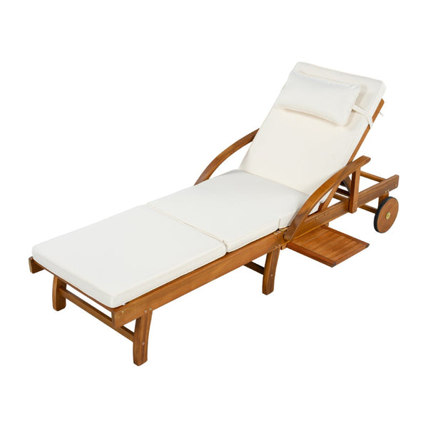 English Elm U_style Acacia Wood Outdoor Chaise Lounger with Reclining Backrest Cushions and Side Tray Beige N711P415859A