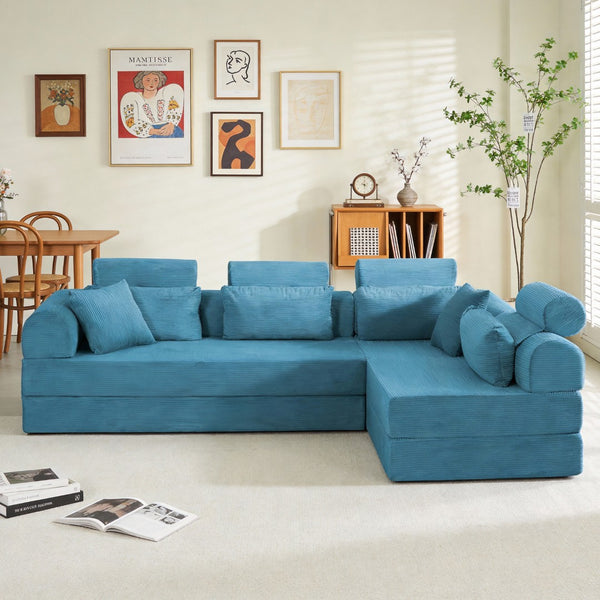 English Elm L Shaped Corduroy Sectional Sofa Converts to Sleeper Bed Space Saving Modular Couch Sky Blue W5532S00009