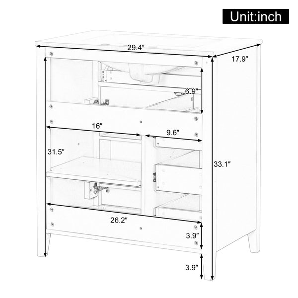 English Elm 30-Inch Contemporary Bathroom Vanity with Sink, MDF & Rubberwood, Glossy Finish, 3 Drawers + Cabinet Green N725P350819F
