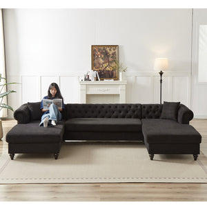 English Elm 135.5-inch Modern Chenille U-Shaped Sectional Sofa with Dual Chaise, Pull-Point Detail, Pillows, Wooden Legs Black W1926S00046