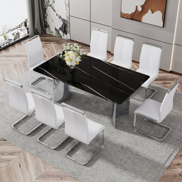 English Elm Table With Glass Top & 8 White Pu Chairs - Elegant Marble Pattern, Stainless Steel Legs, Easy Assembly W1151S02607-GIGA