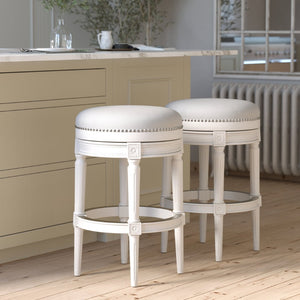 English Elm 31in. Swivel Barstool Faux Leather Seat Nailhead Trim Carved Walnut Frame Kitchen Bar White B2751P436437