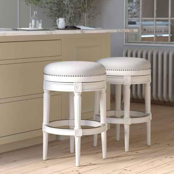 English Elm 31in. Swivel Barstool Faux Leather Seat Nailhead Trim Carved Walnut Frame Kitchen Bar White B2751P436437