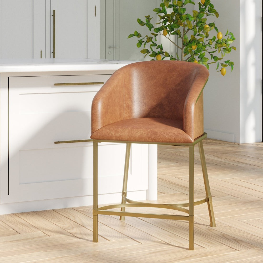 English Elm 26" Glam Counter Stool White Faux Leather Barrel Back Gold Steel Frame Kitchen Brown Pu B2751P436478
