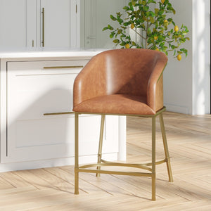 English Elm 26" Glam Counter Stool White Faux Leather Barrel Back Gold Steel Frame Kitchen Brown Pu B2751P436478