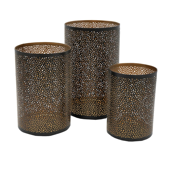 English Elm Set Pierced Metal Lanterns Helena Trio with Moroccan Patterned Cutouts for Ambient Candlelight Decor Bronze,Gold W2078P370268