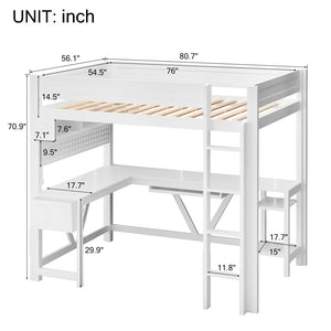 English Elm Wood Full Size Gaming Loft Bed With Desk, Led Lights, Storage Shelves & Charging Station - White N7090004022K-GIGA
