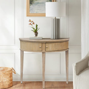 English Elm Storage Console Table Reclaimed Wheat 36" — Vintage Demilune Entry Accent w/ Fluted Doors & Bronze Knobs B035P148426