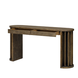 English Elm U_Style 59-inch Long Console Table with Oak Veneer Tops, 2 Drawers, Curved Modern Farmhouse Entryway Appeal Natural N711P290711O