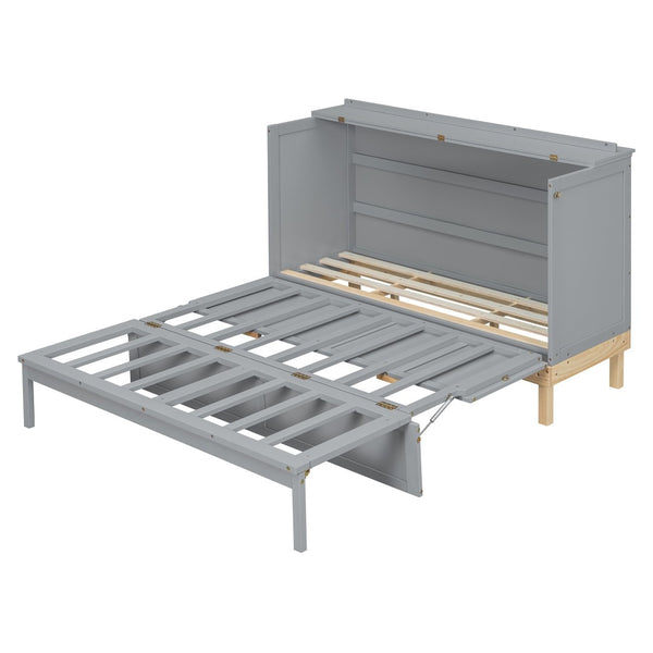 English Elm Queen Murphy Wall Bed Solid Pine Cabinet with Drawer Modern Space Saving Design Gray N708P243886E