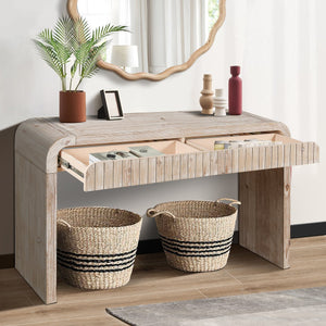 English Elm 59'' Vintage Crafted Entryway Table with Hidden Handle Drawers, Three-Dimensional Stripes, Easy Assembly, Stylish Storage for Hallway and Living Room Natural Wood Wash W1445P214058