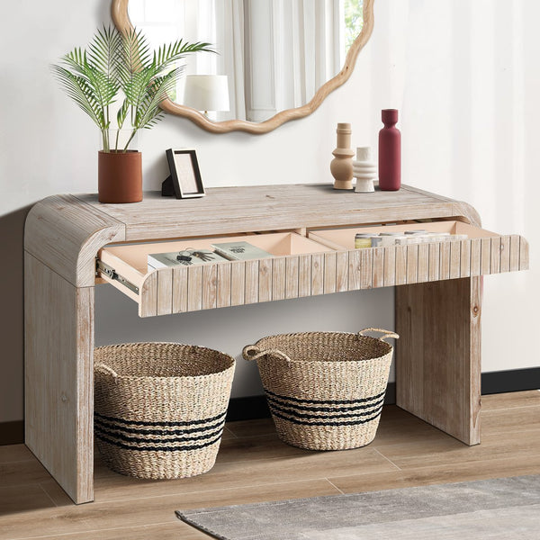 English Elm 59'' Vintage Crafted Entryway Table with Hidden Handle Drawers, Three-Dimensional Stripes, Easy Assembly, Stylish Storage for Hallway and Living Room Natural Wood Wash W1445P214058