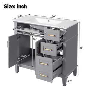English Elm 36" Gray Modern Bathroom Vanity with Ceramic Sink, Solid Wood Frame, Soft-Close Doors & 4 Drawers N729P253935E