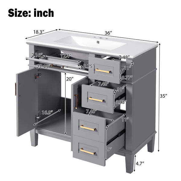 English Elm 36" Gray Modern Bathroom Vanity with Ceramic Sink, Solid Wood Frame, Soft-Close Doors & 4 Drawers N729P253935E