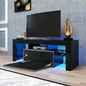 English Elm LED TV Stand with Remote LED Lights, 51" Modern Console for TVs up to 55", Glass Shelf, Storage, High-Gloss UV Front Black W2301P198925