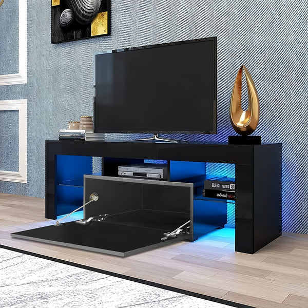 English Elm LED TV Stand with Remote LED Lights, 51" Modern Console for TVs up to 55", Glass Shelf, Storage, High-Gloss UV Front Black W2301P198925