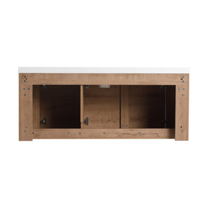 English Elm 48" Floating Bathroom Vanity Dual Ceramic Vessel Sinks Oak Finish Soft Close Doors W999S00507