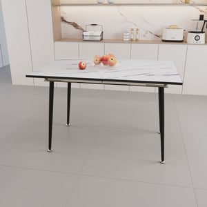 English Elm 47" Expandable to 63" White Marble MDF Square Dining Table with Tapered Black Legs, Modern Durable Seating T2396P279784