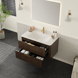 English Elm ZANE 36" Bathroom Vanity with Integrated Hot-Press Sintered Stone Basin, Floating Plywood Cabinet, Soft-Close Drawers and Moisture-Resistant Finish Carrara White,Walnut W2615P360727