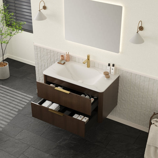 English Elm ZANE 36" Bathroom Vanity with Integrated Hot-Press Sintered Stone Basin, Floating Plywood Cabinet, Soft-Close Drawers and Moisture-Resistant Finish Carrara White,Walnut W2615P360727