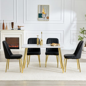 English Elm Table and Chair Set Marble Glass Top Gold Legs with Four Pu Leather Dining Seats W1151S04634