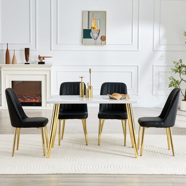 English Elm Table and Chair Set Marble Glass Top Gold Legs with Four Pu Leather Dining Seats W1151S04634