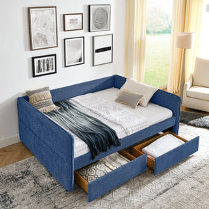 English Elm Queen Boucle Tufted Daybed Sofa with Storage Drawers Eucalyptus Frame Guest Room Blue W1413S00179
