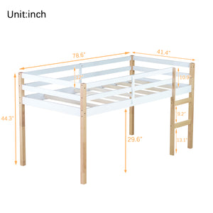 English Elm Solid Twin Loft Bed Natural-White Rubberwood with Ladder, Strengthened Slats, Storage-Ready Design W504P233031