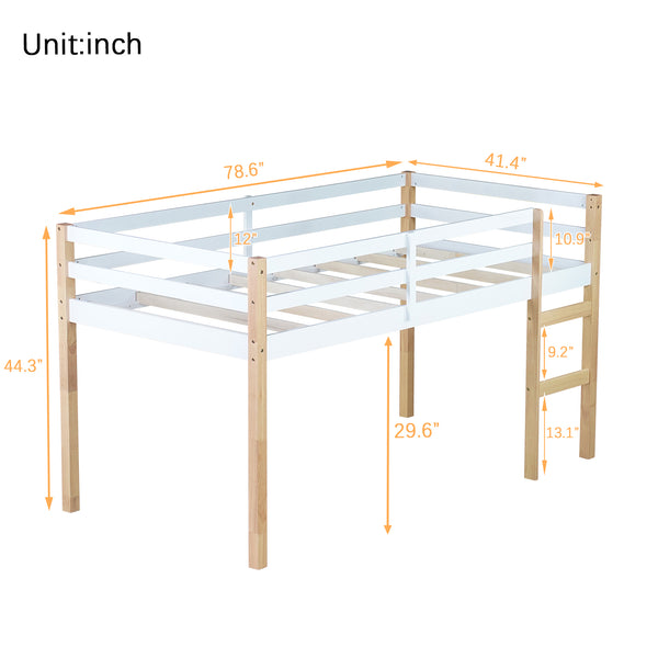 English Elm Solid Twin Loft Bed Natural-White Rubberwood with Ladder, Strengthened Slats, Storage-Ready Design W504P233031