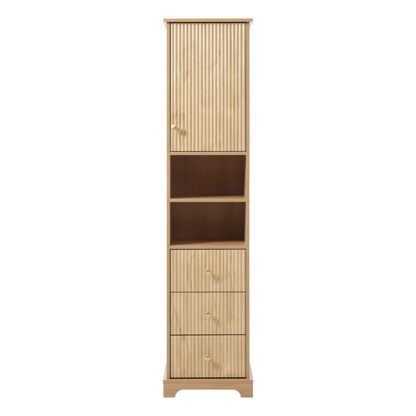 English Elm 67.7" Tall Freestanding Bathroom Cabinet with 3 Drawers, Open Shelves, Gold Handles, Anti-Tip Safety N729P335604O