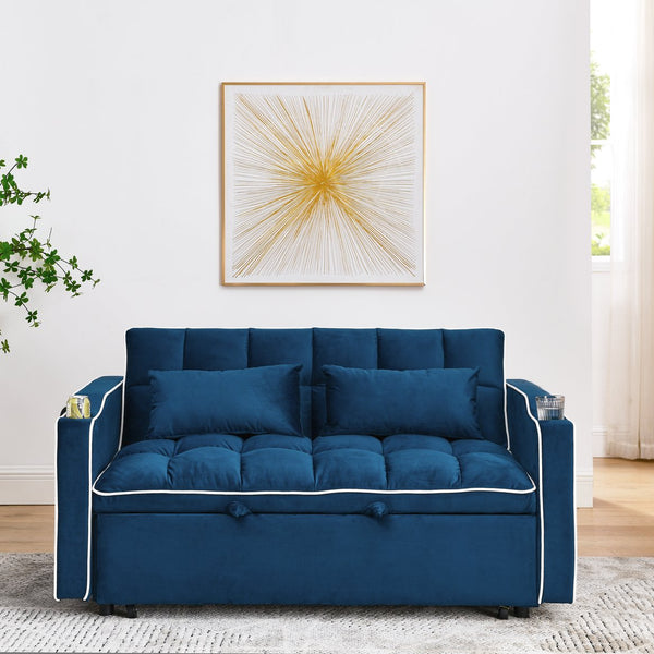 English Elm 55.51 Convertible Velvet Sofa Bed with USB, Swivel Phone Stand & Ashtray — Foldable 3‑Length Modern Loveseat (Blue) W2353P205655