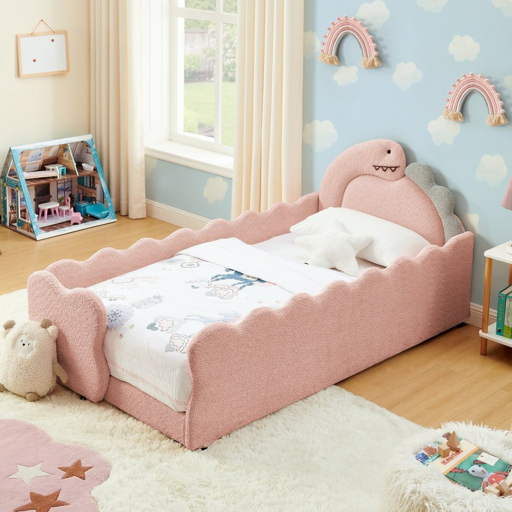 English Elm Twin Dinosaur Boucle Upholstered Kids Bed Solid Wood Frame with Padded Safety Rails Pink W1413P384917