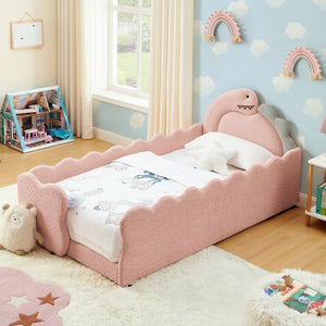 English Elm Twin Dinosaur Boucle Upholstered Kids Bed Solid Wood Frame with Padded Safety Rails Pink W1413P384917