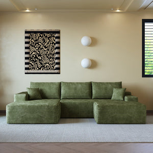 English Elm 107"Cloud Plush Corduroy Sectional Sofa with Ottoman No-Assembly Modular U-Shaped Deep Seat Comfort and Versatile Living Room Solution Green W2824S00123