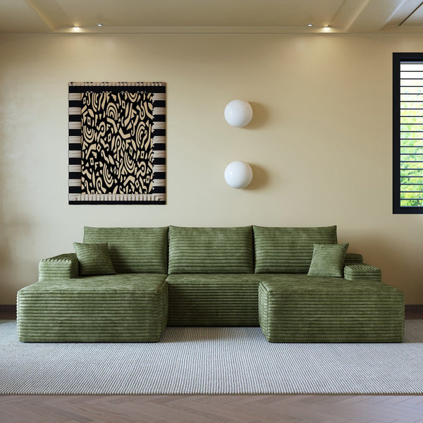 English Elm 107"Cloud Plush Corduroy Sectional Sofa with Ottoman No-Assembly Modular U-Shaped Deep Seat Comfort and Versatile Living Room Solution Green W2824S00123