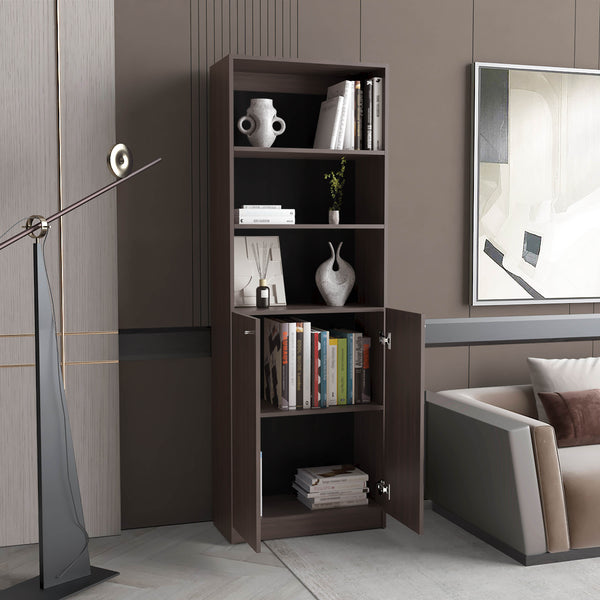 English Elm Home 2 Door Bookcase Kronos Walnut Finish with Two Open Shelves and Concealed Cabinet Storage, Versatile Organizer B070P337151